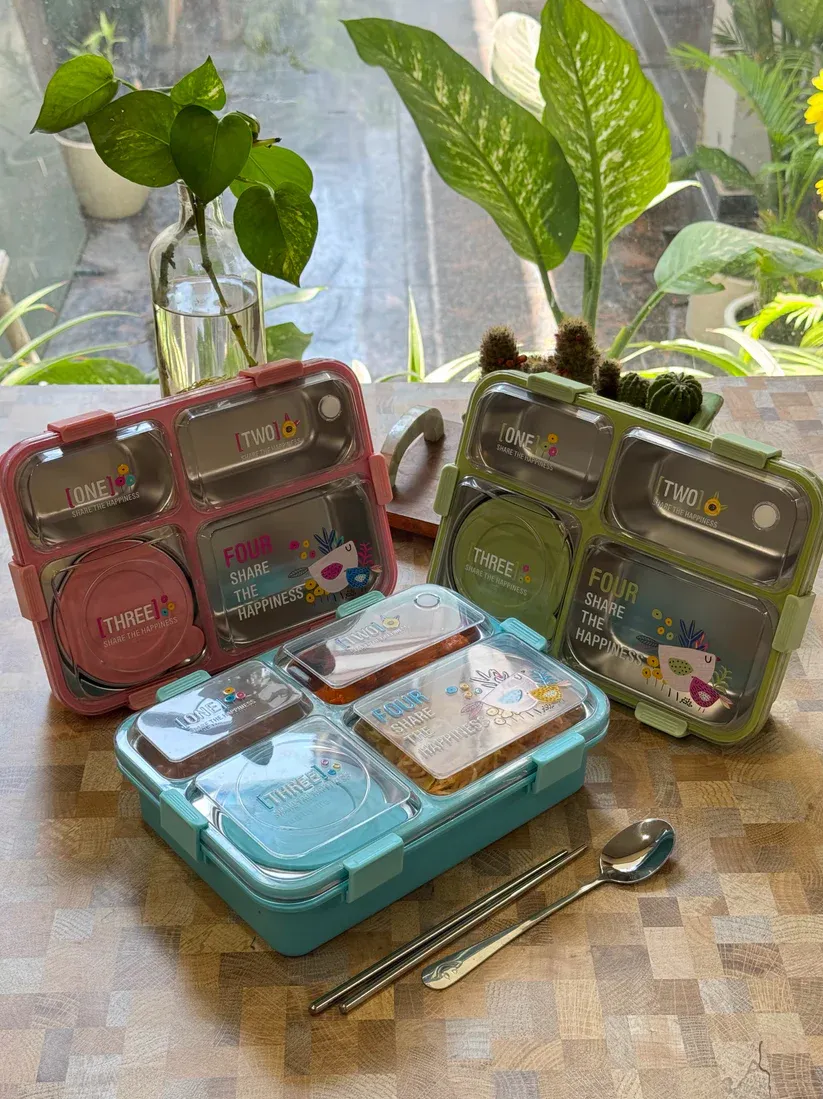 Brand Conquer Lunch Box Leak-Proof BPA Free Stainless Steel for School, Lunch Box for School & Office with a Fork, a Spoon and a Pair of Chopsticks (Classic Blue, Happiness 3 Compartment Lunch Box)